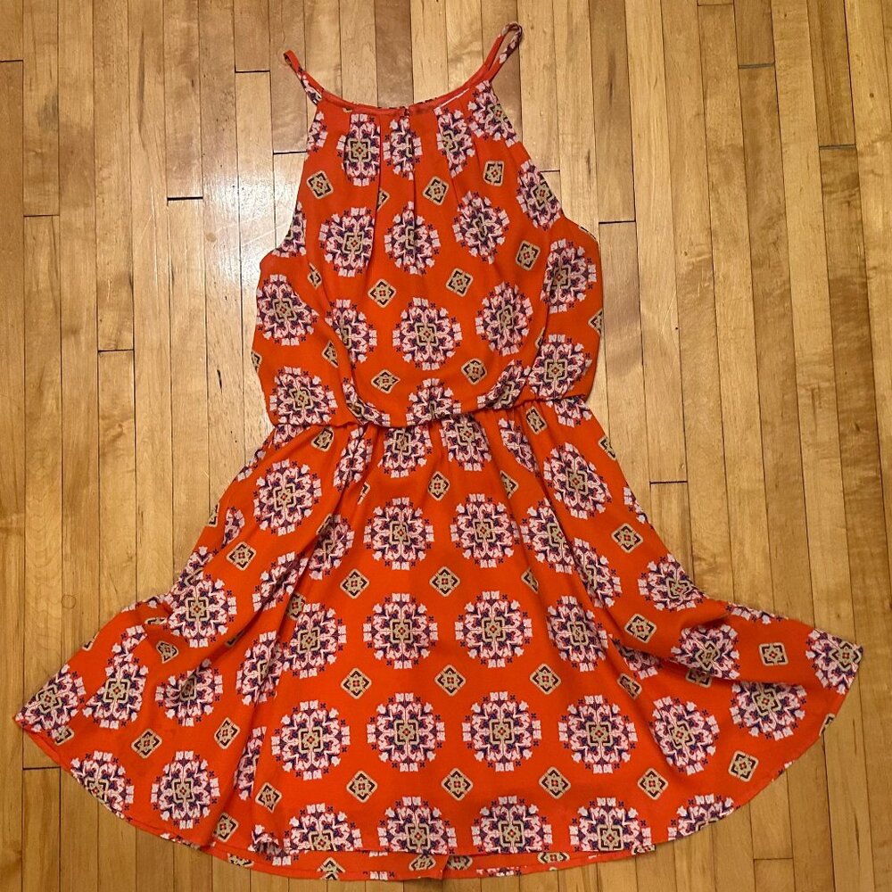 Orange Aztec Spaghetti Strap Boutique Dress Lined, Cutout in back NWOT